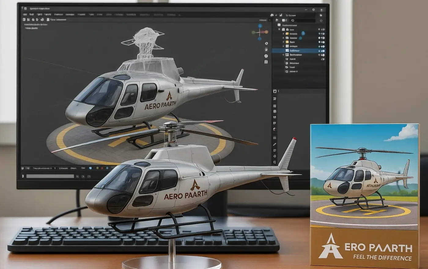 A helicopter model being built in 3D software on a NovaAviators workstation