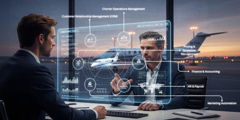 An aviation ERP screen linking charter operations, CRM, pricing and quotation, finance, HR and payroll, and marketing